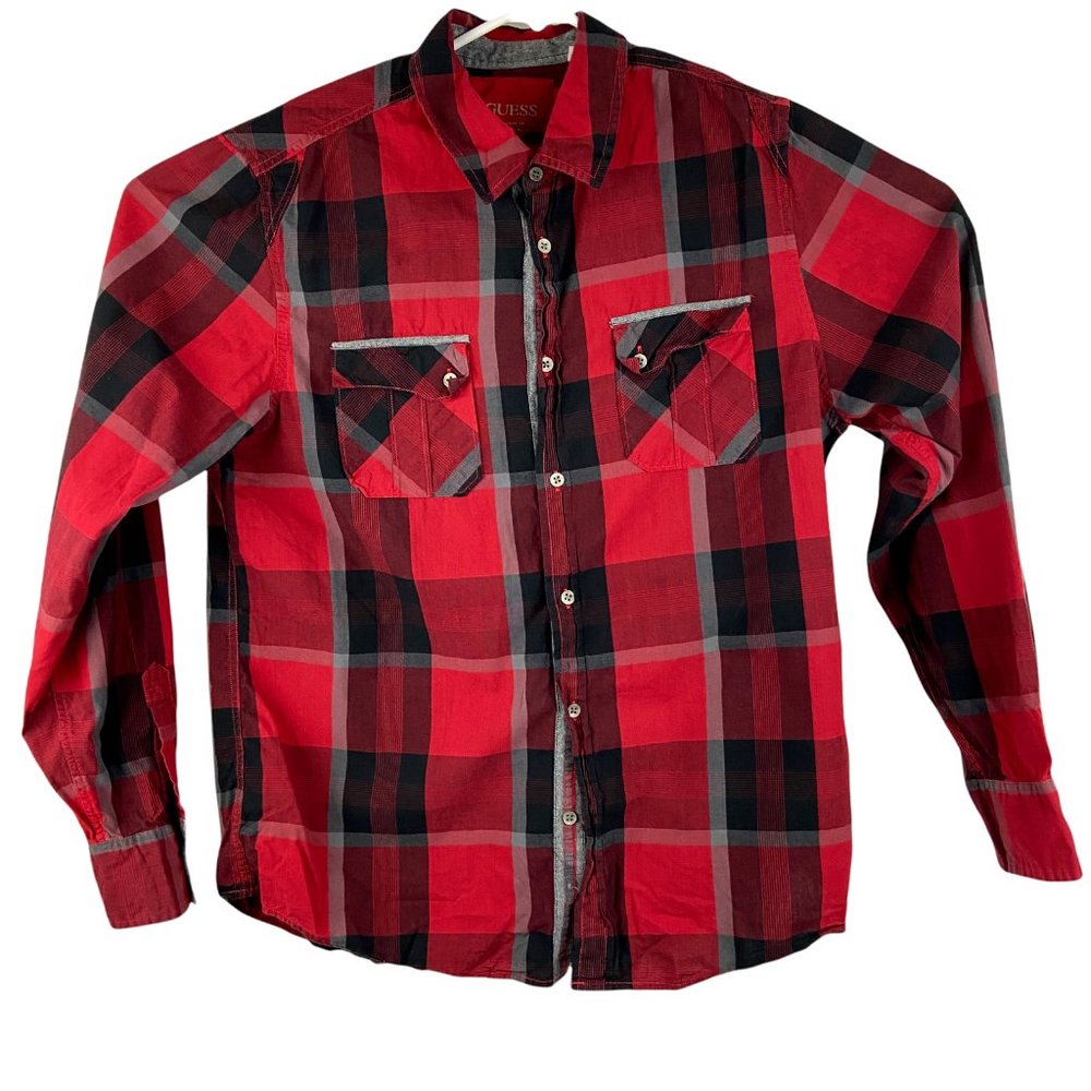 Guess Button Up Mens Long Sleeve Red Black Plaid Large Lg    Size:Large Lg L